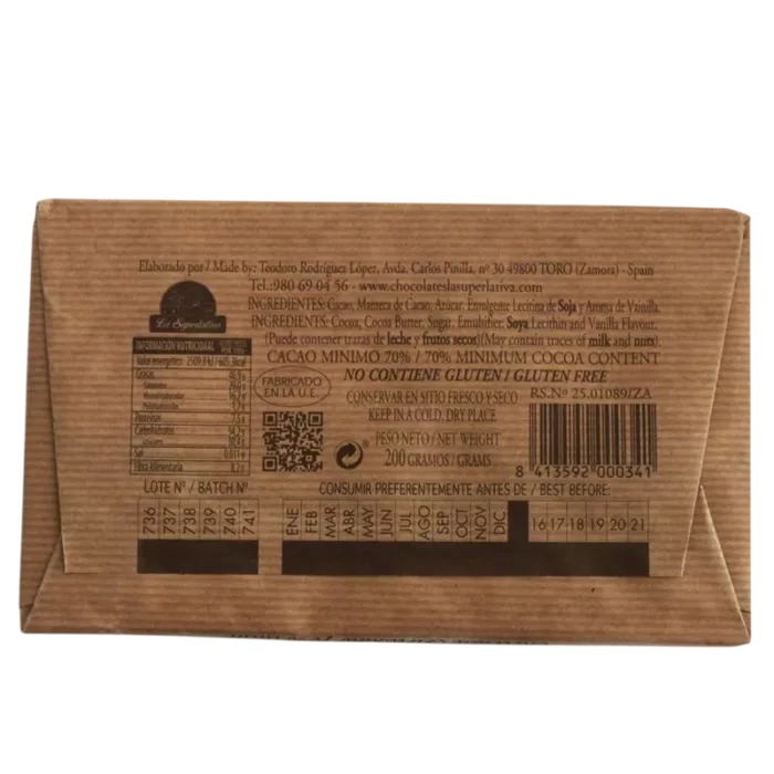 Chocolate Negro 70% Cacao "La Superlativa" (Sin Gluten)