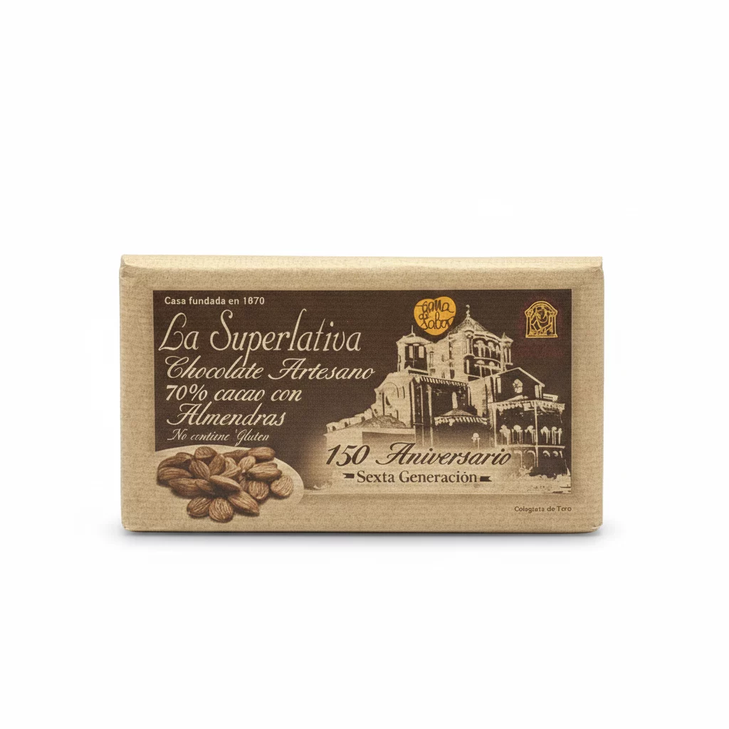 Tableta de chocolate negro artesano 70% cacao con almendras de La Superlativa de Toro.