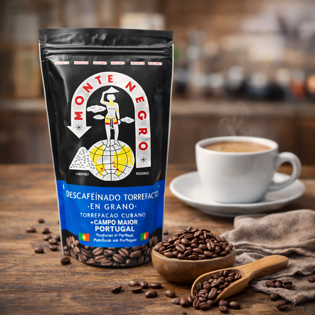 Detalle y textura del grano de café portugués de tueste descafeinado Montenegro