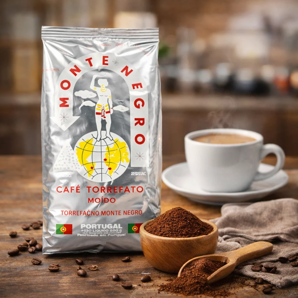 Detalle y textura de la molienda de café portugués de tueste torrefacto Montenegro
