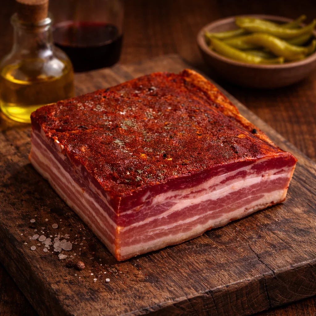 Bodegón panceta semicurada artesana para cocinar o picar.