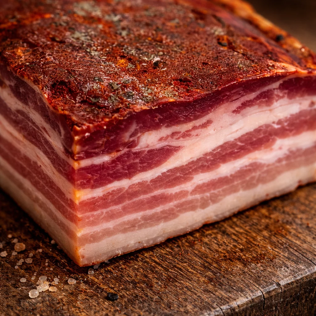Corte panceta semicurada artesana para cocinar o picar.