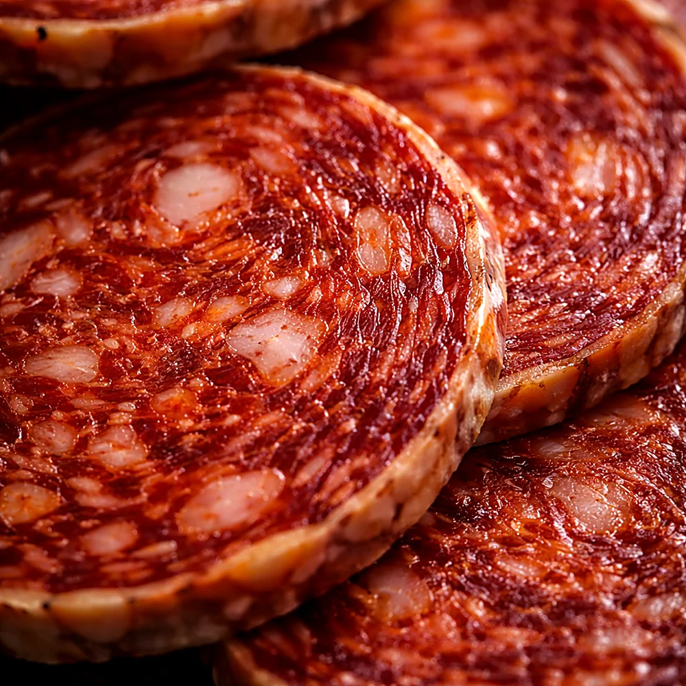 Textura chorizo ibérico artesano sin lactosa ni gluten.