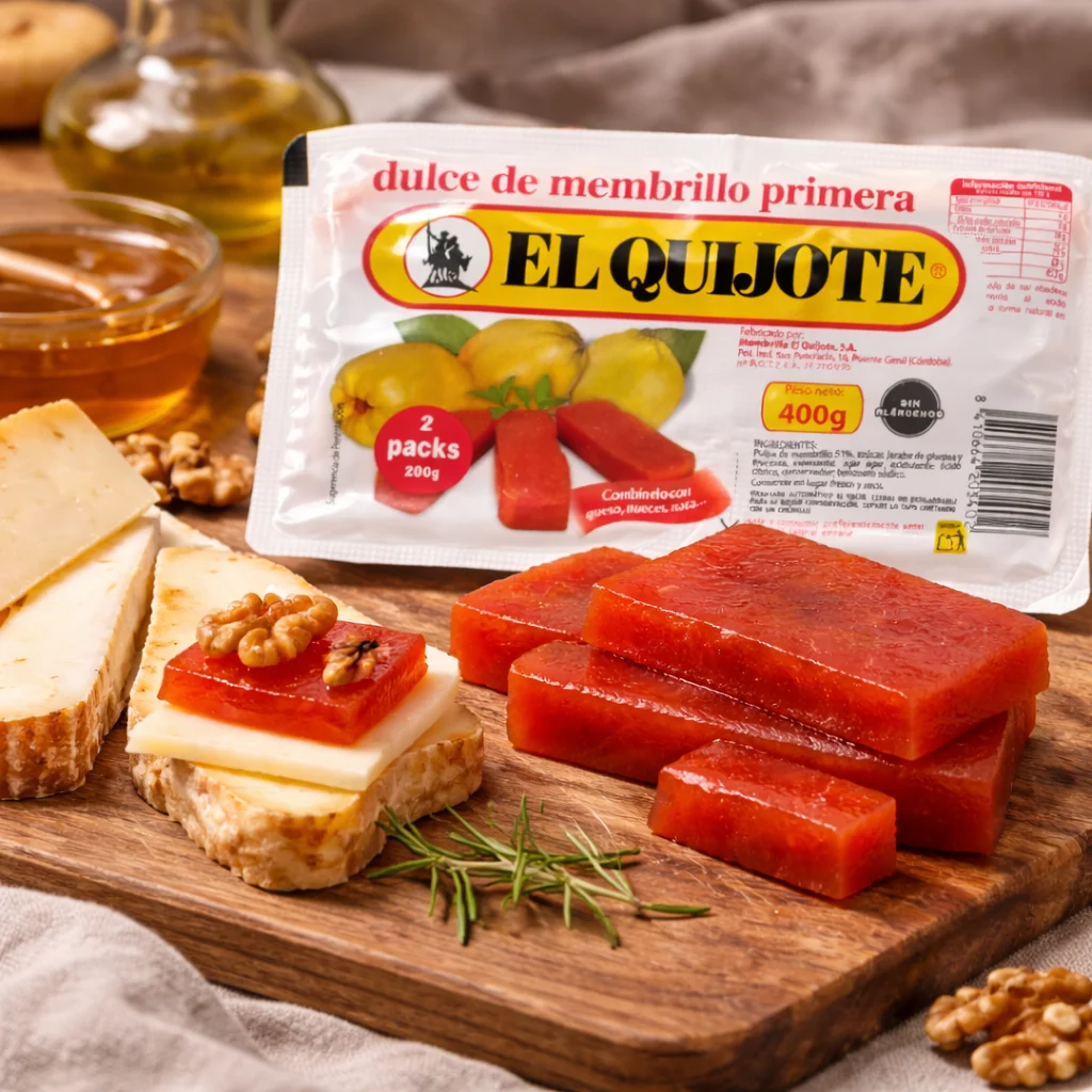 Primer plano de la textura y corte de un dulce de membrillo tradicional.