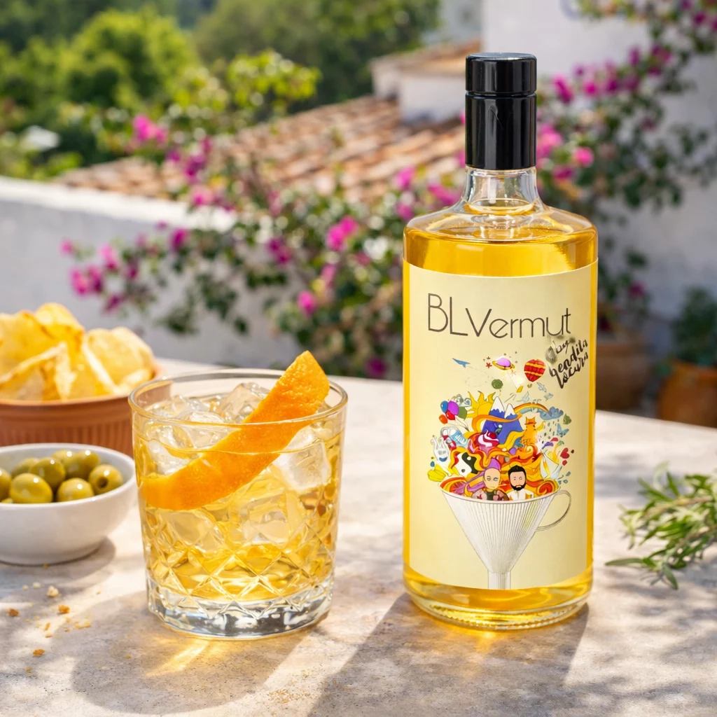 Copa de vermut blanco Bendita Locura bien frío con una aceituna verde durante el aperitivo.