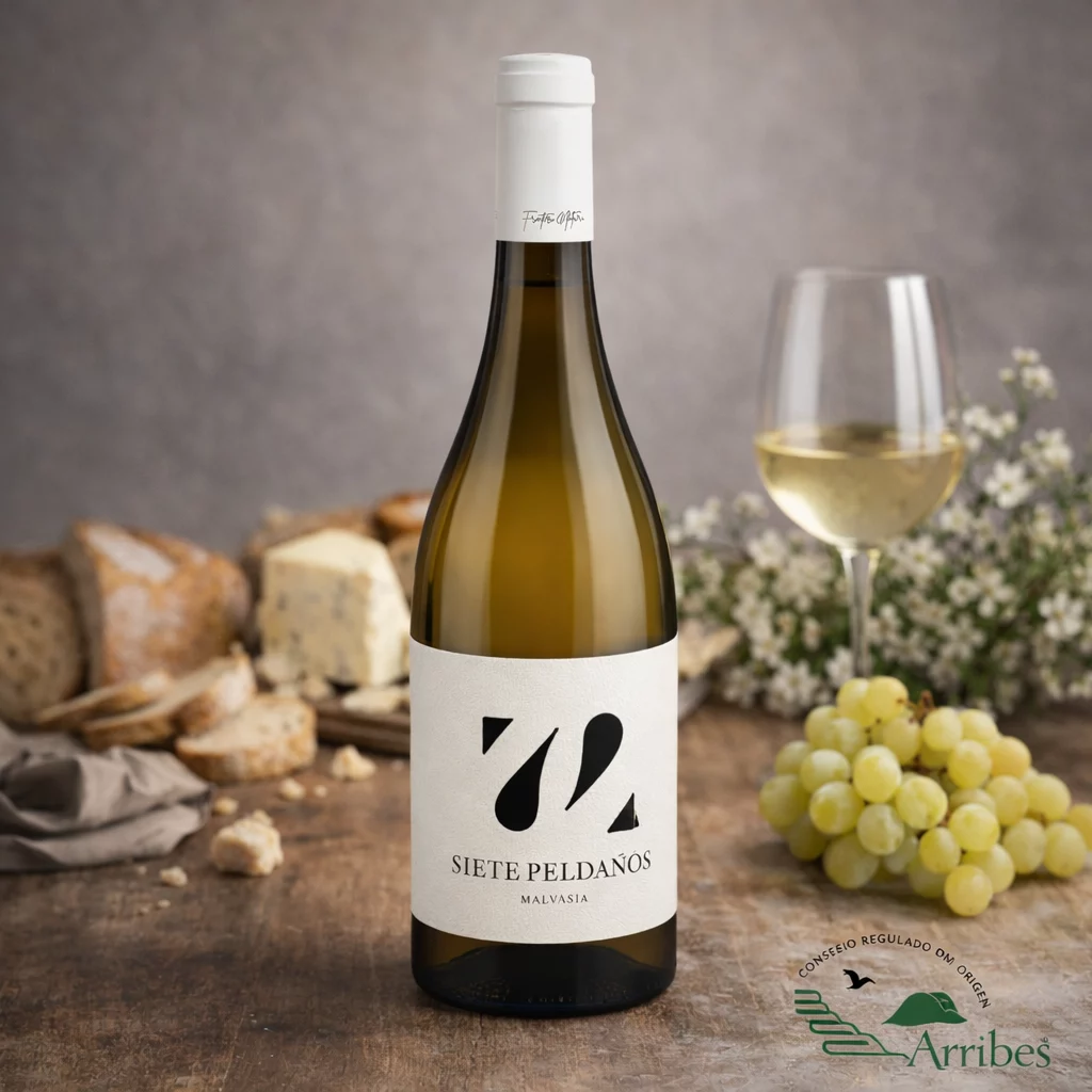 Copa de vino blanco Malvasía Siete Peldaños mostrando sus reflejos dorados limpios.
