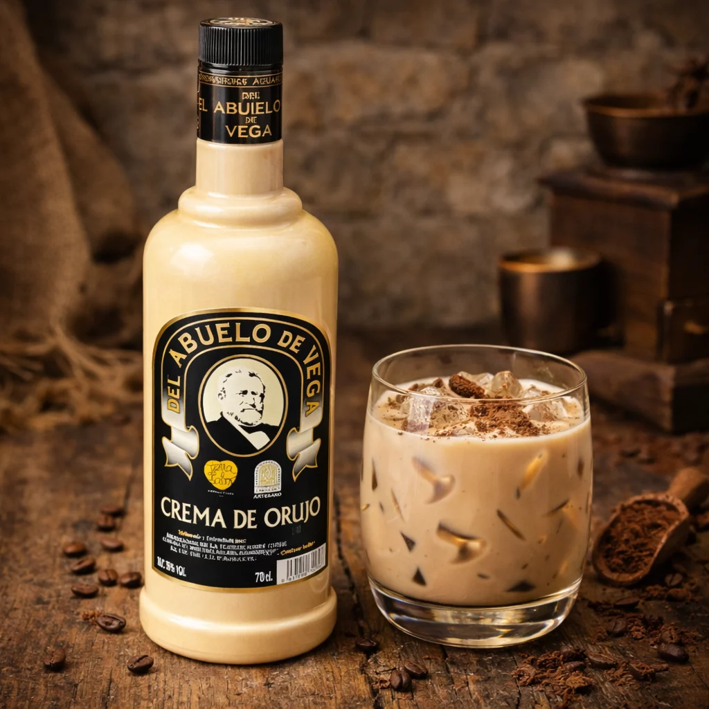 Vaso de chupito helado con crema de orujo El Abuelo de Vega en la sobremesa.