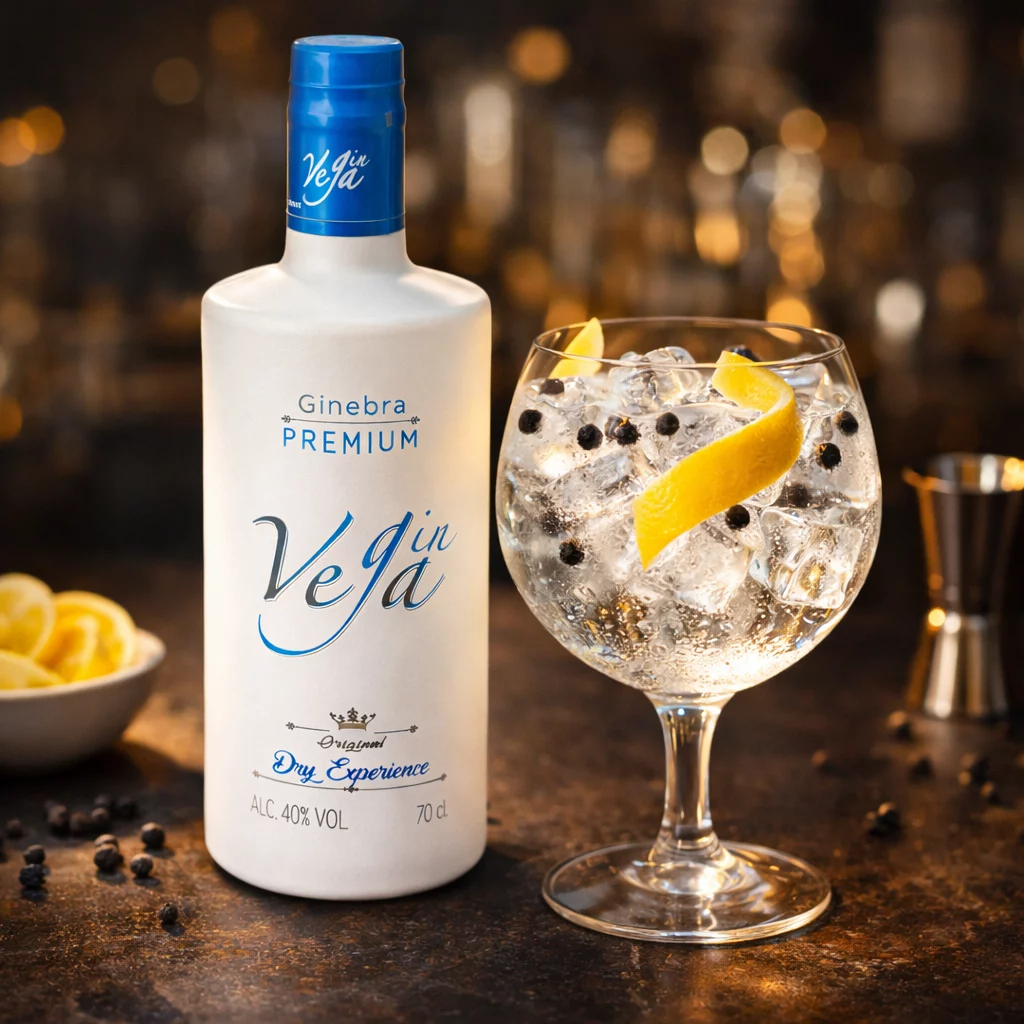 Copa de gin-tonic premium Vega Gyn preparado con hielo abundante y un toque de corteza de limón.
