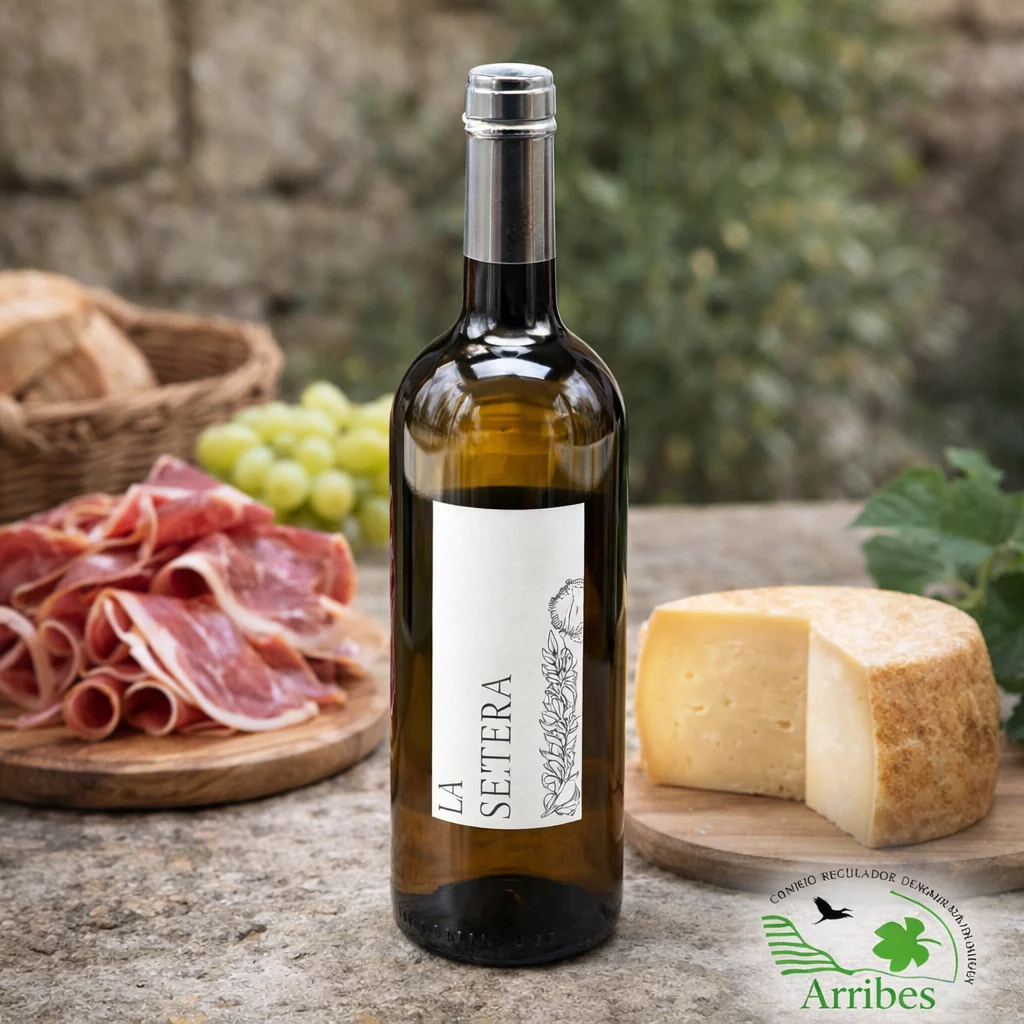Copa fría de vino blanco Malvasía La Setera maridado con queso.