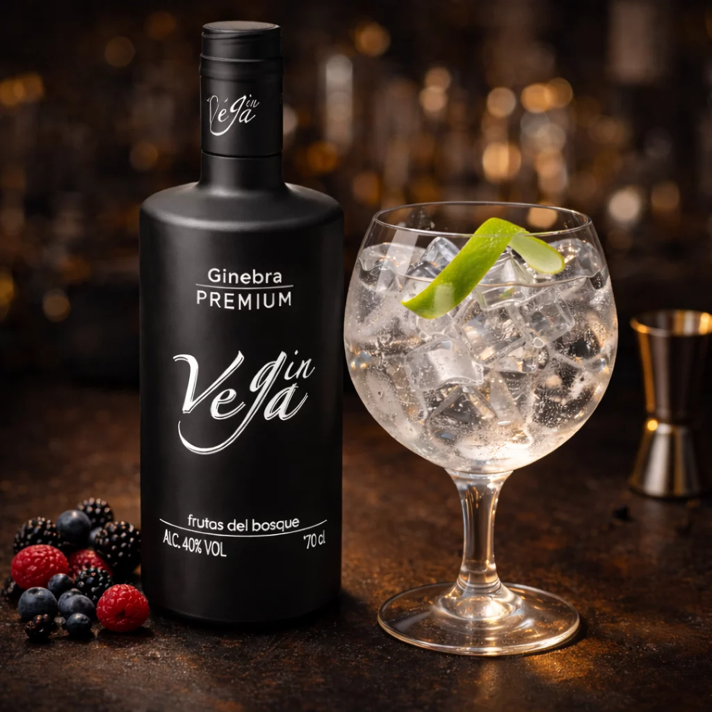 Copa de balón con un combinado de gin-tonic rosa aromatizado con bayas silvestres.