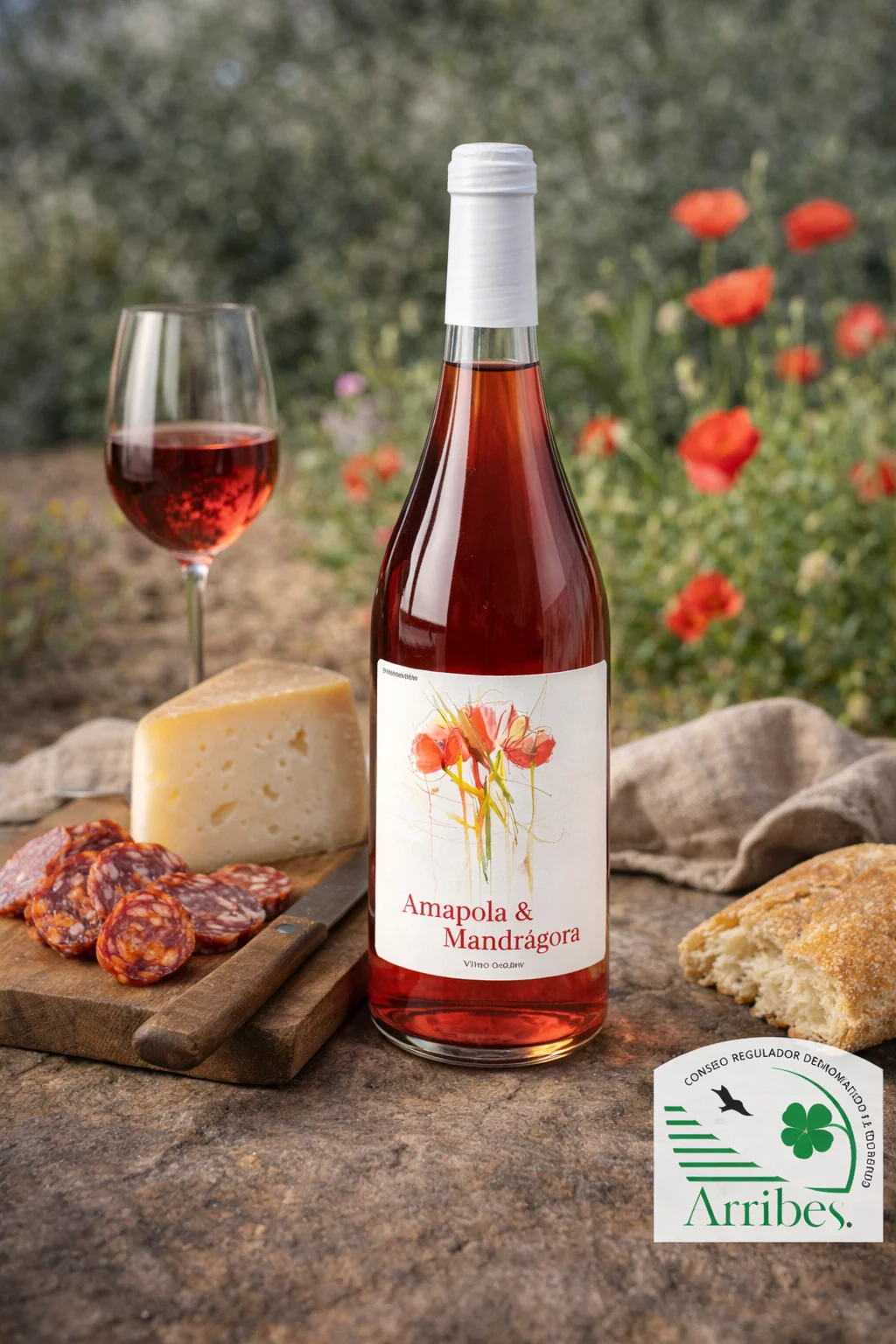 Copa de vino rosado Amapola y Mandrágora en un ambiente fresco y primaveral.