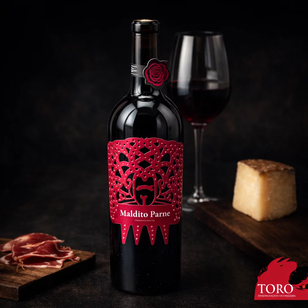 Servicio de una copa de vino tinto Crianza Maldito Parné en una cena elegante.