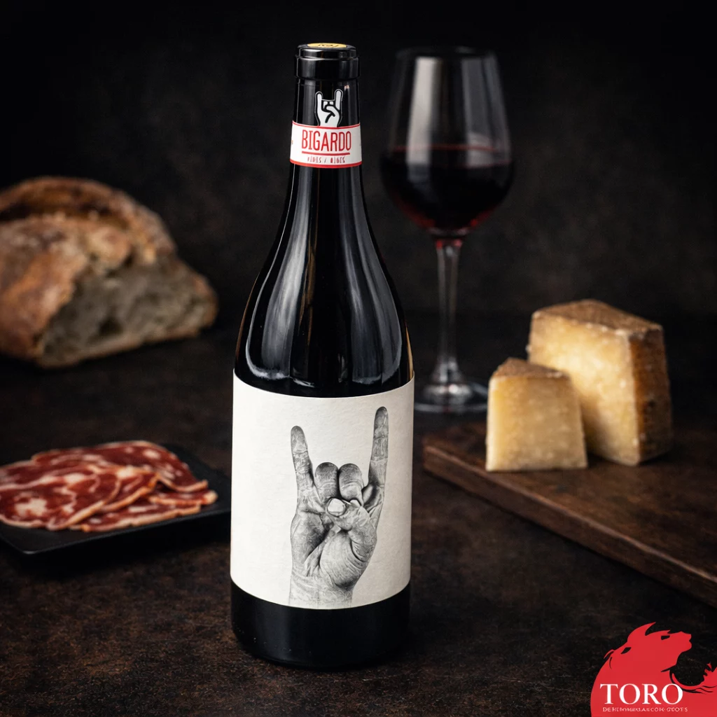 Descorche artesanal y primera copa de vino tinto Roble Bigardo.
