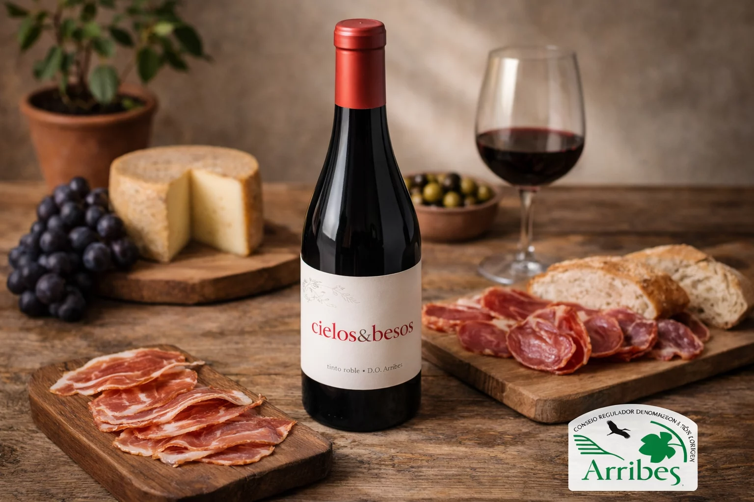 Primer plano de vino tinto Roble Cielos y Besos servido en una copa.
