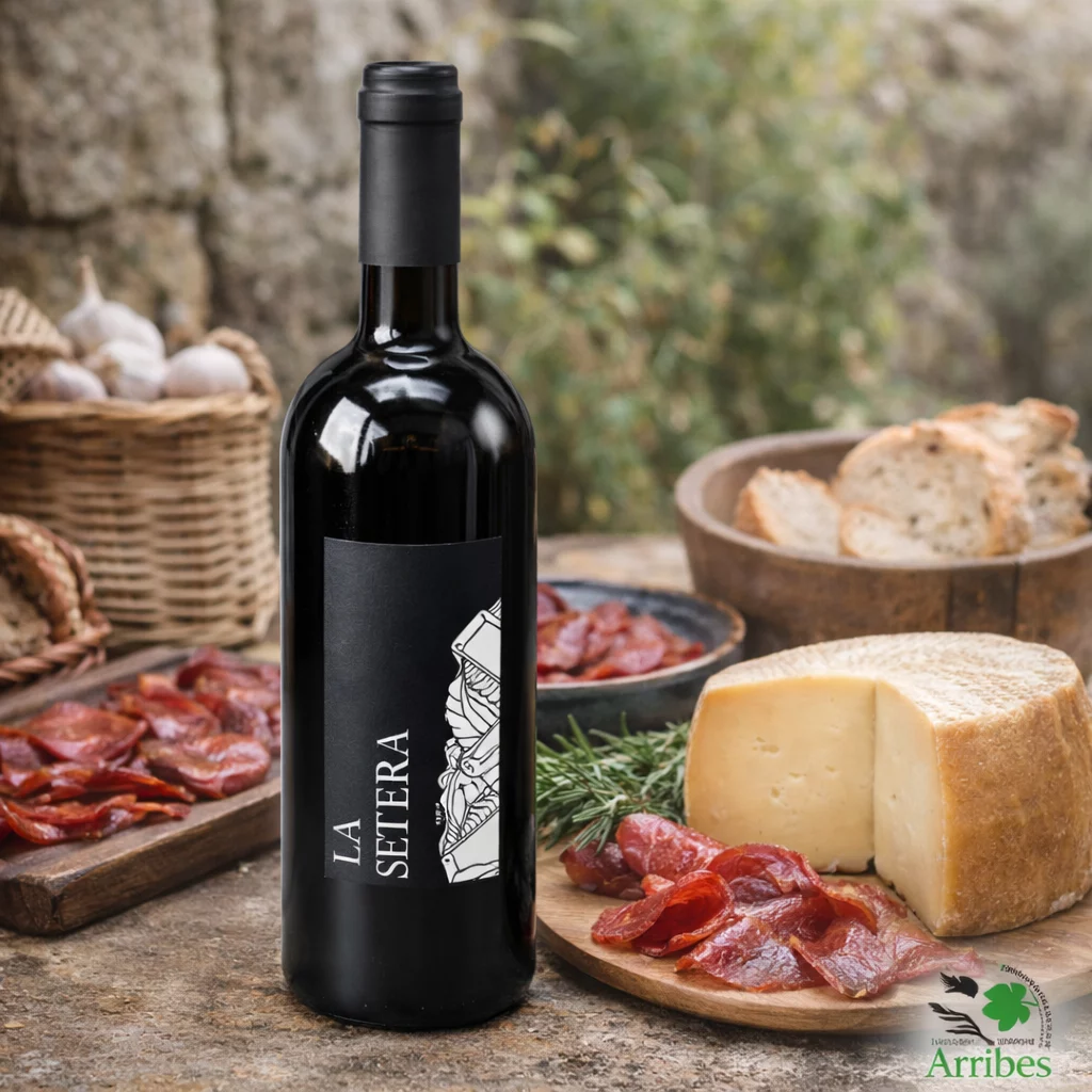 Copa de vino tinto Joven La Setera resaltando sus tonos violáceos y frescos.