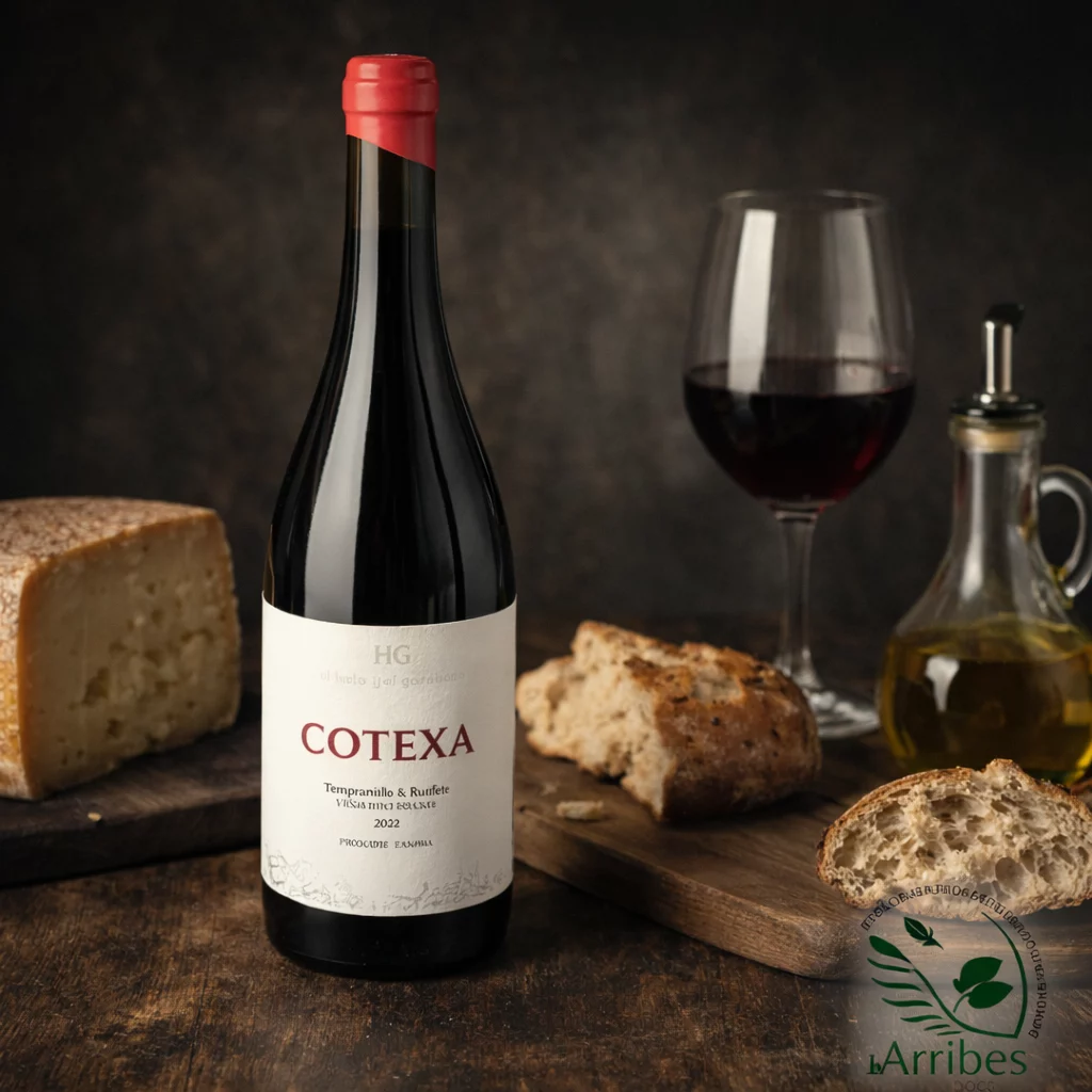 Vino tinto Roble Cotexa servido junto a un asado tradicional.