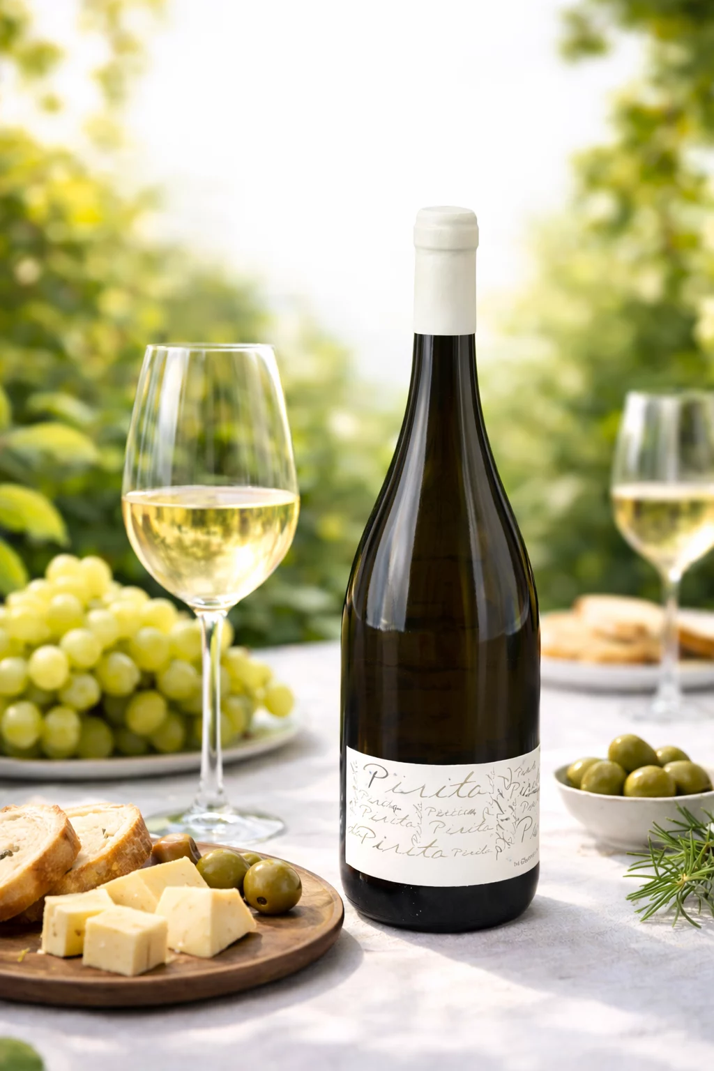Copa de vino blanco Malvasía Pirita servida fría en un aperitivo.