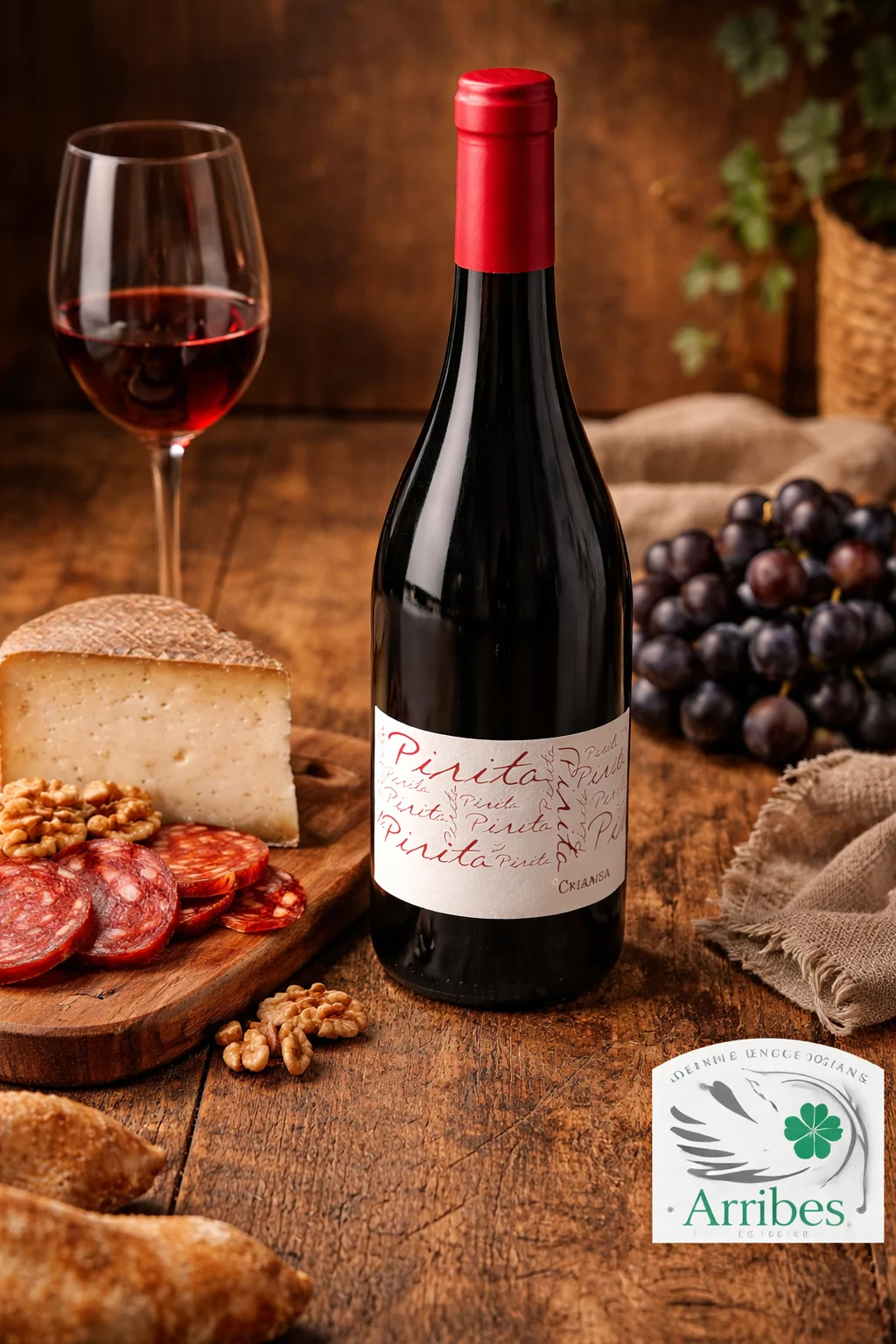 Copa de vino tinto Crianza Pirita acompañando un plato de queso curado.