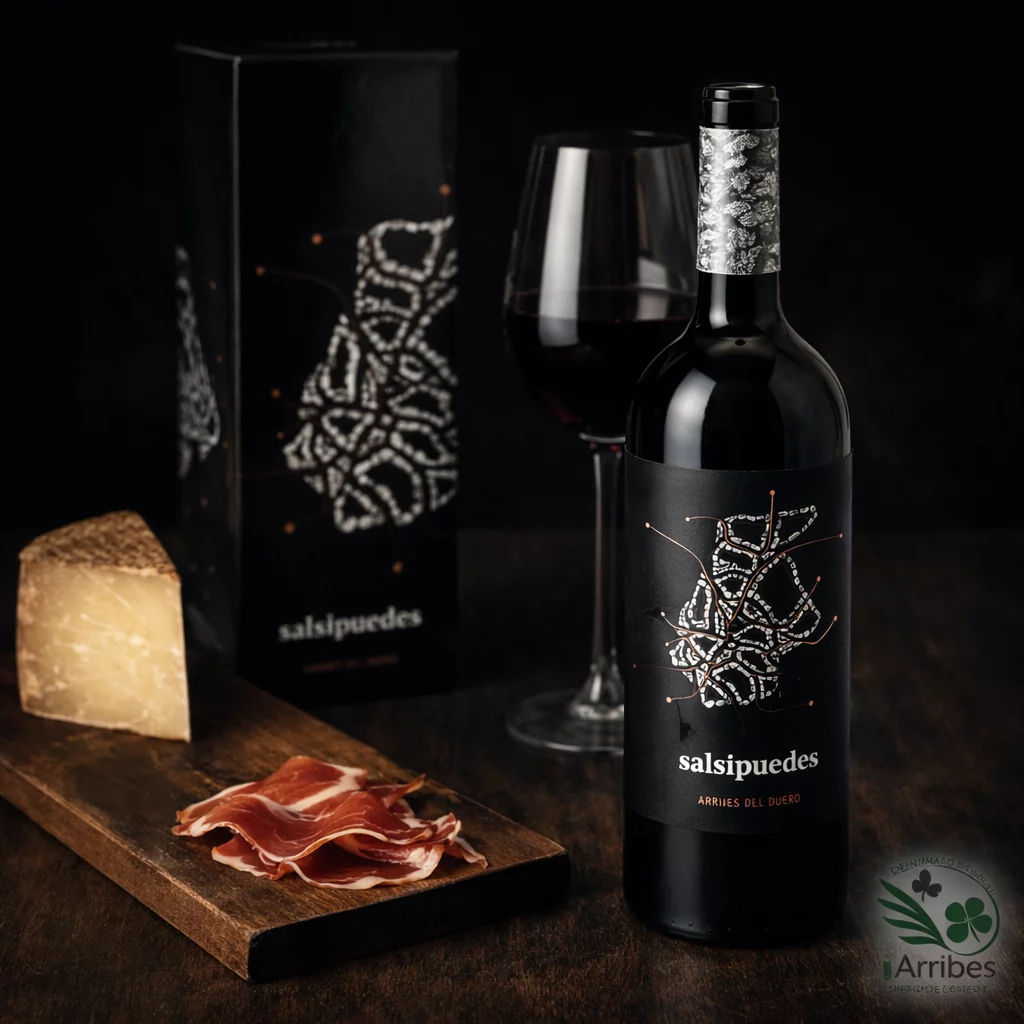 Copa de vino tinto Roble Salsipuedes en una mesa repleta de tapas y raciones.
