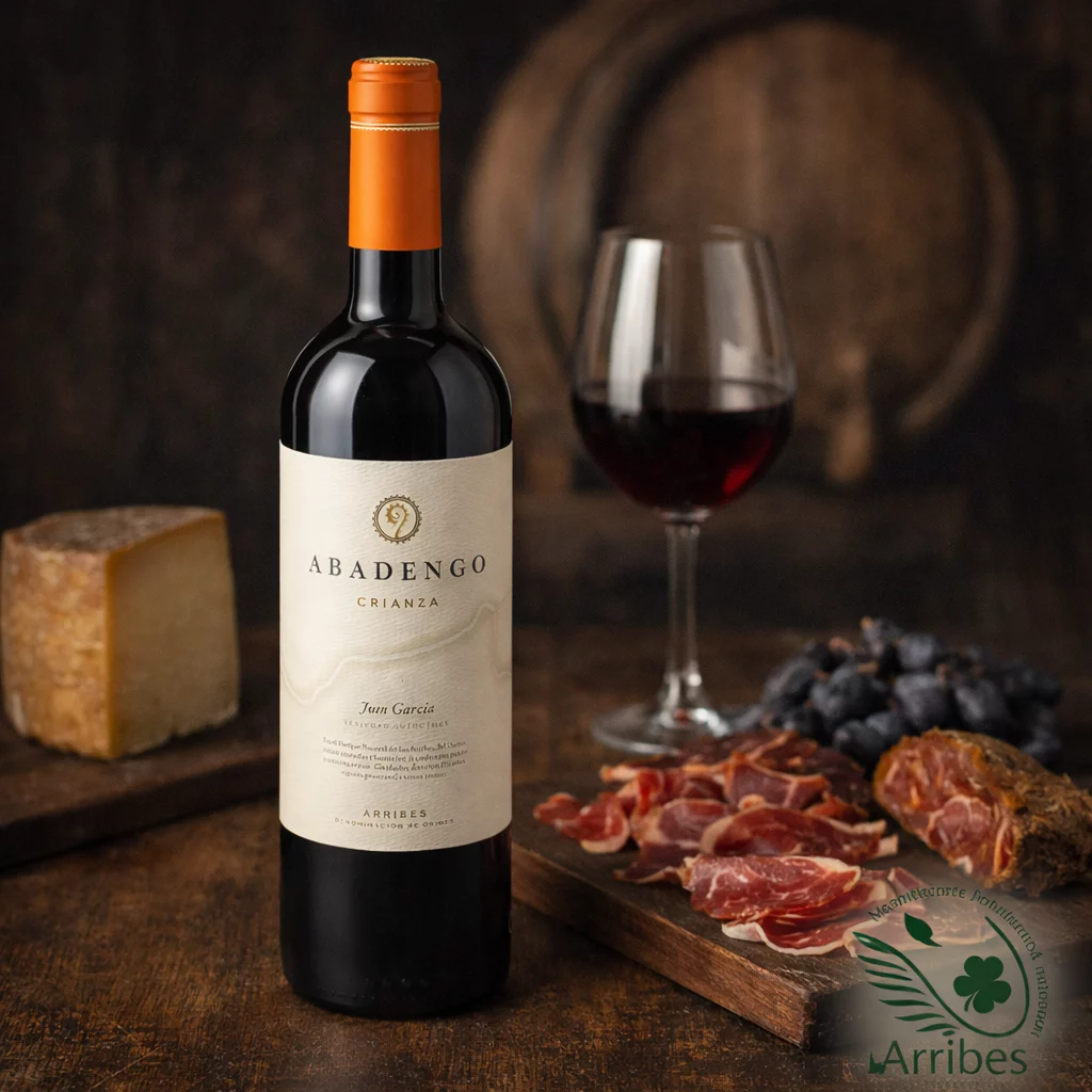 Vino tinto Crianza Abadengo mostrando sus matices de crianza en roble.