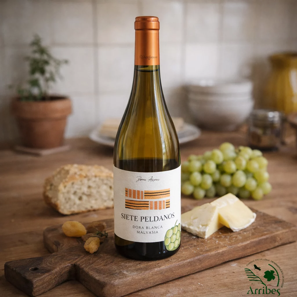 Copa de vino blanco elaborado con la uva autóctona Puesta en Cruz.