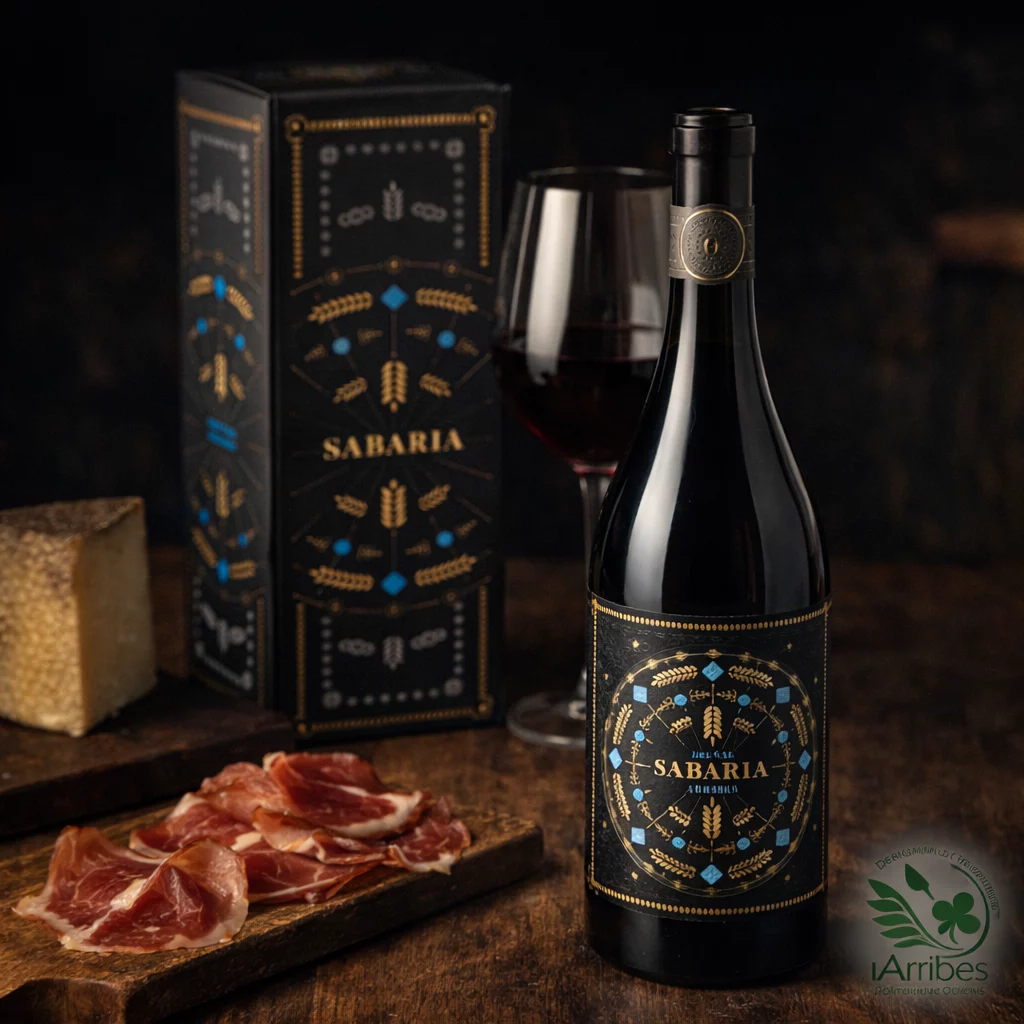 Vino tinto Crianza Sabaría oxigenándose en un decantador de cristal.