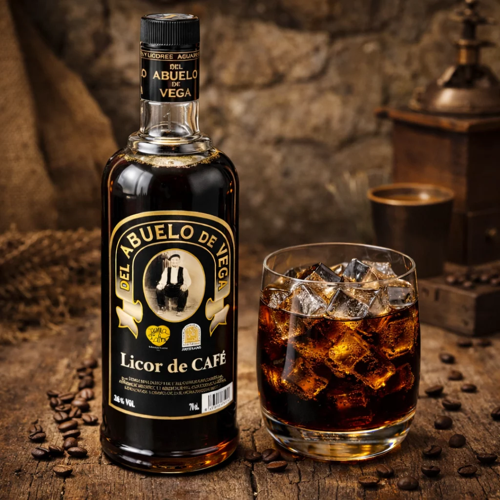 Copa pequeña con hielo disfrutando del tradicional licor café tras una comida.