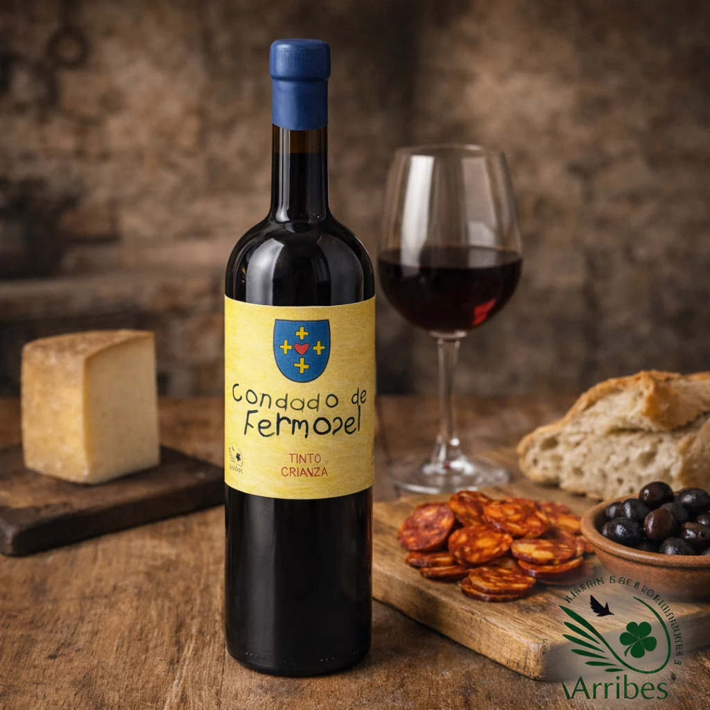 Copa de vino tinto Roble Condado de Fermosel destacando su brillo e intensidad.
