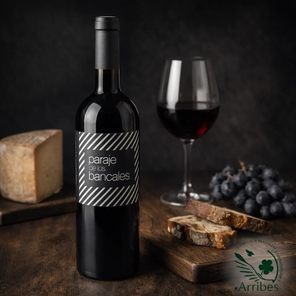 Copa de vino tinto Crianza Paraje de los Bancales con viñedos tradicionales al fondo.