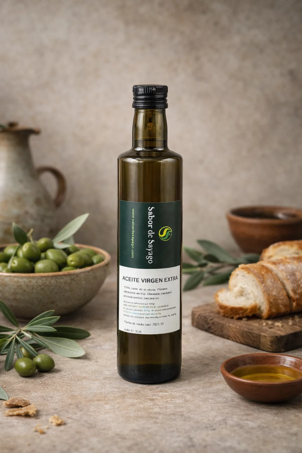 Presentación gourmet del AOVE Sabor de Sayago de medio litro en una mesa rustica