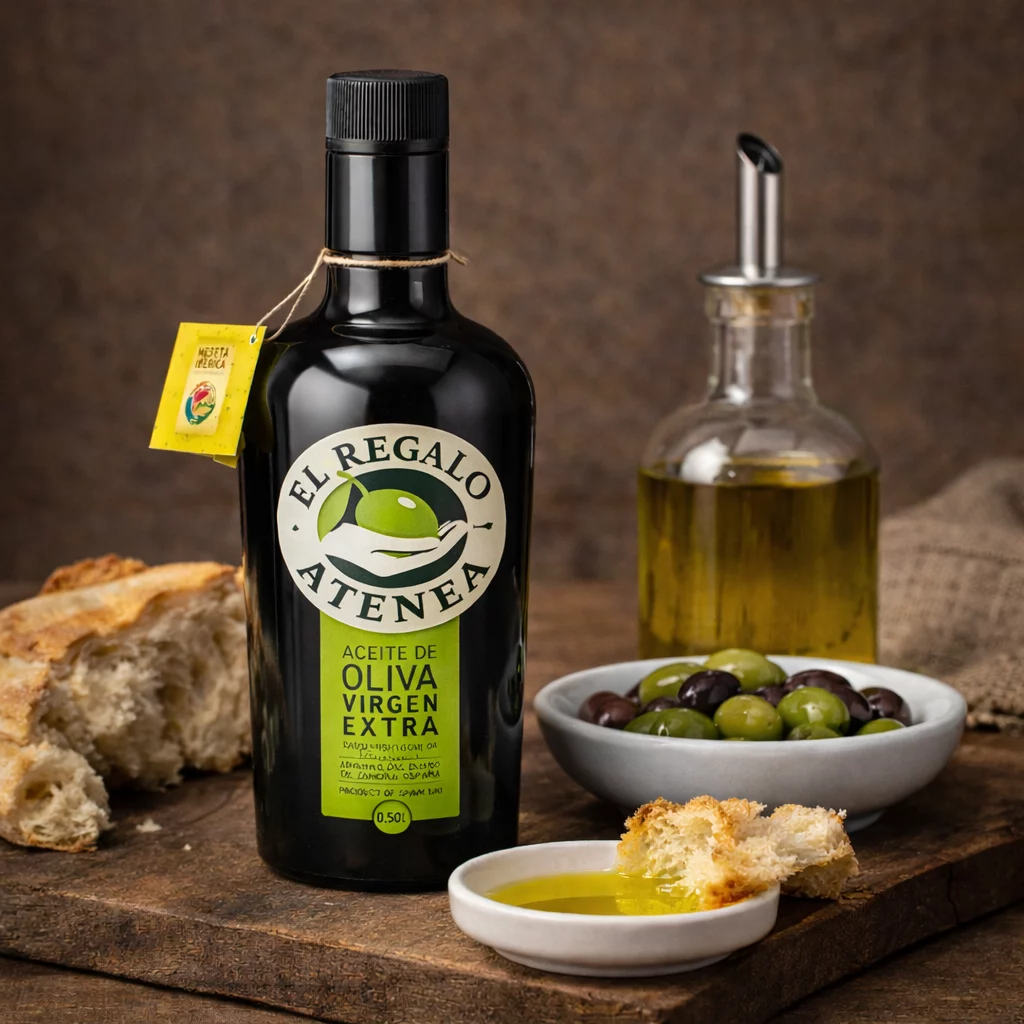AOVE de cosecha temprana El Regalo de Atenea regando un pan artesano y aceitunas de Sayago