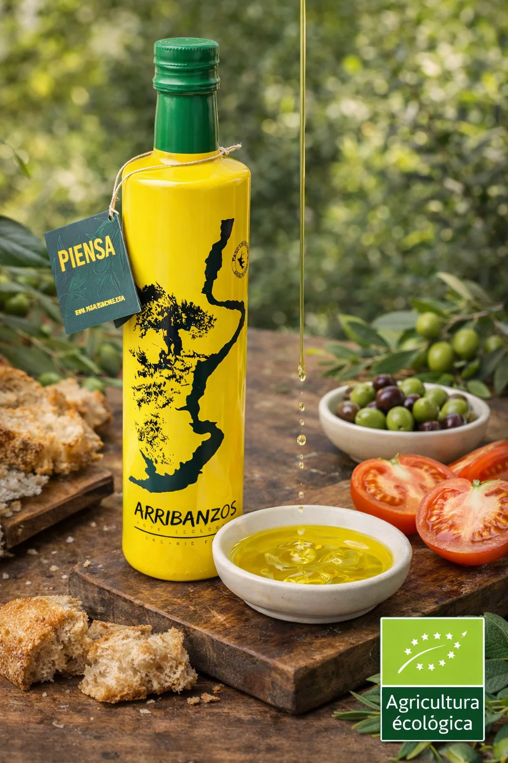 Cata de aceite de oliva Arribanzos junto a una tabla de pan tomaate y aceituna de Sayago