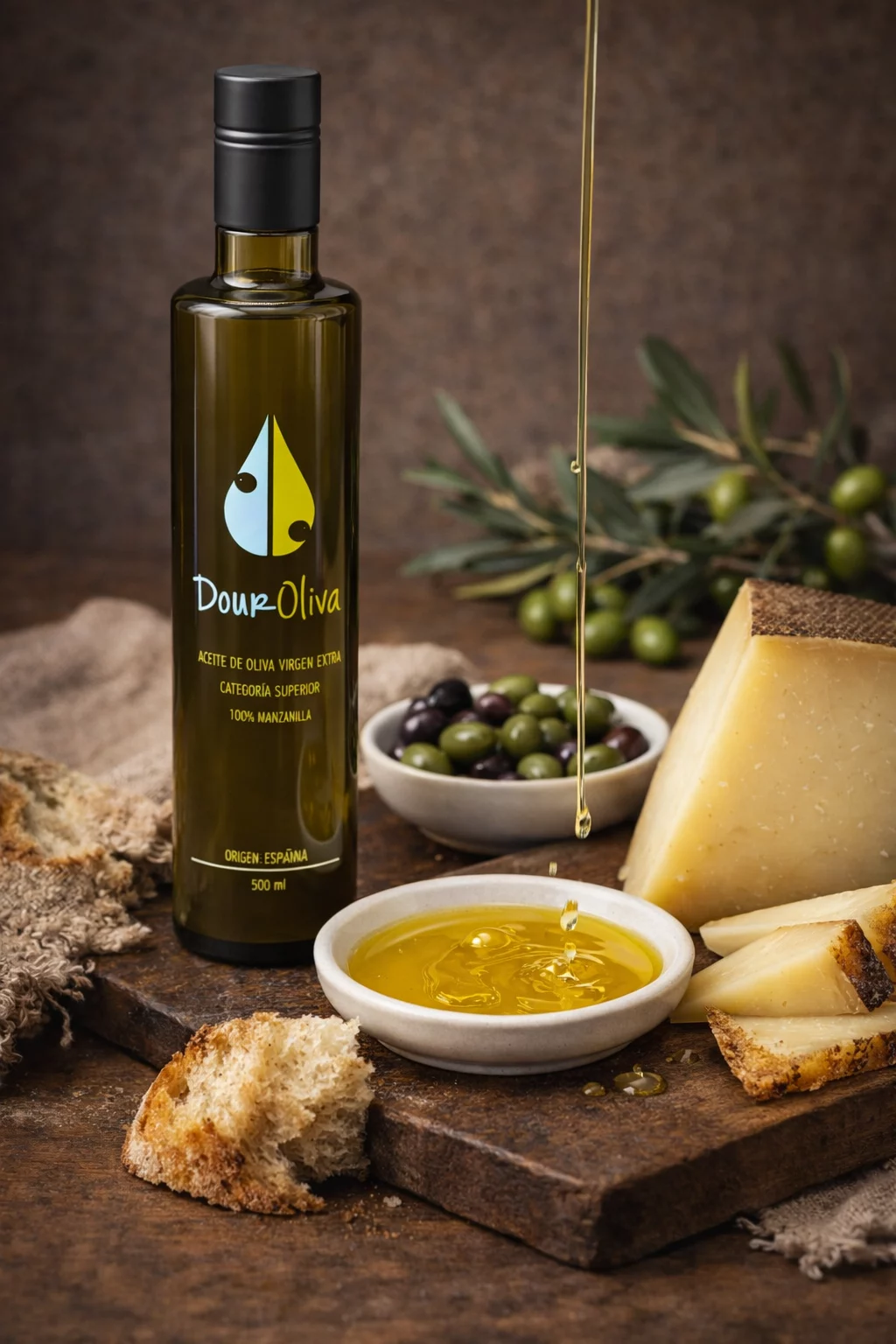 Queso zamorano artesano sobre pan de pueblo con un hilo de AOVE gourmet Douroliva